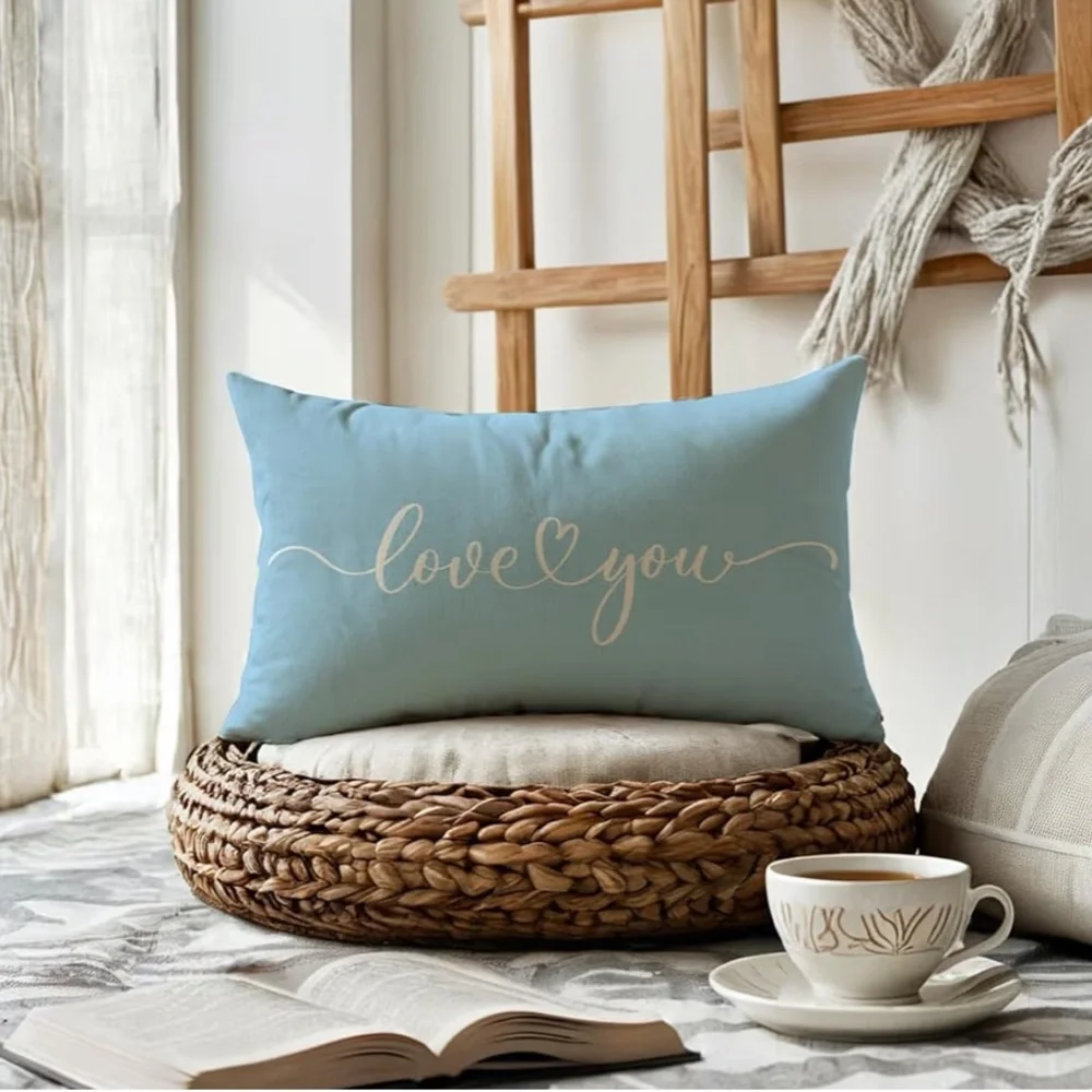 Love You Script Decorative Accent Pillow Cover - Light Blue/ leaning turquoisey